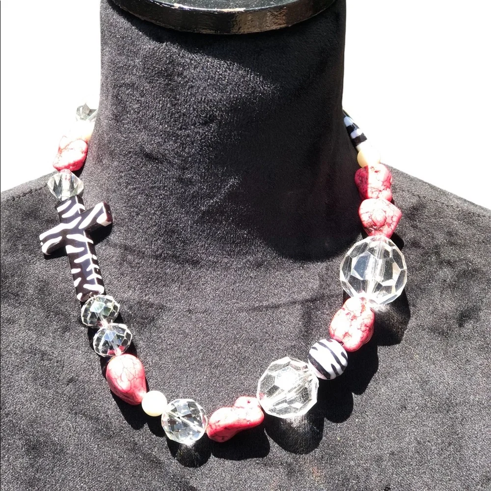 Zebra Religious Cross Bling Statement Collar Necklace - Picture 4 of 9